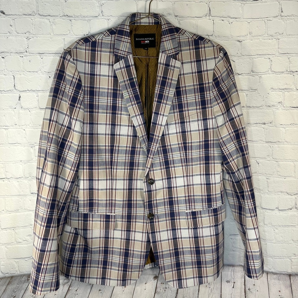 Banana Republic Mad Men Collection Plaid Blazer 42R Navy Tan Cotton Sport Coat